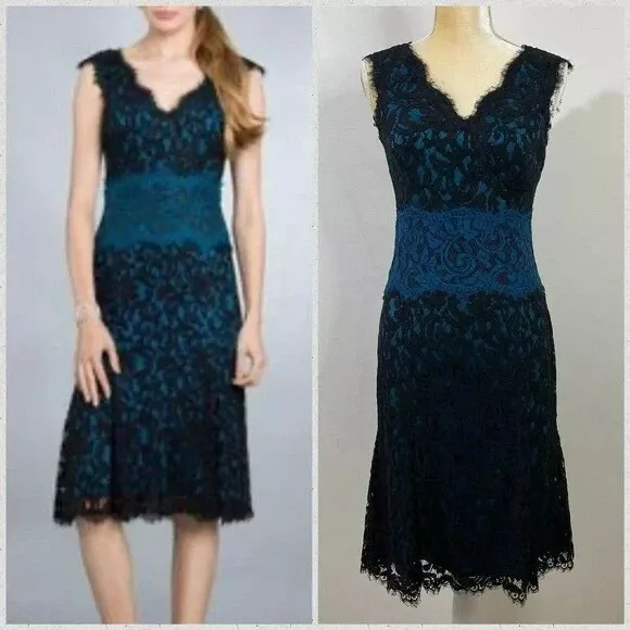 Tadashi Shoji Turquoise Blue Lace Overlay Sheath Dress Knee Length Size 10