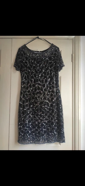 Pisarro Nights BLACK  Sequined Embellished short sleeved Dress lined UK 12