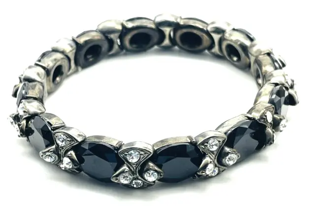 Black Faceted Bead Stretch Bracelet Silver Tone Rhinestone Accents Glam Bling