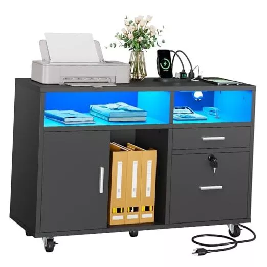 Wood File Cabinet with LED Light, 2 Drawer Mobile Lateral Filing Black
