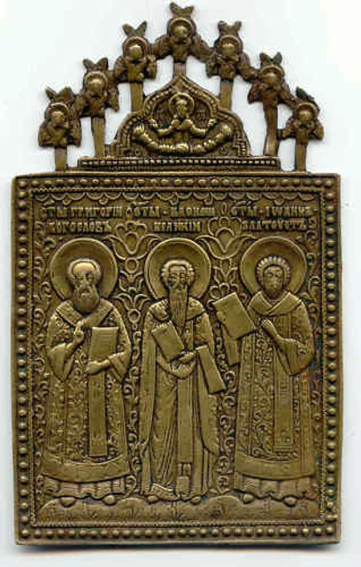 Antiguo Talla Icono Bronce 3 Santo con Ángel