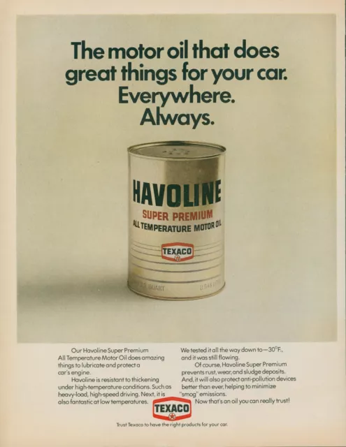 1971 Texaco Havoline Motor Oil Can Super Premium Vintage Print Ad L18