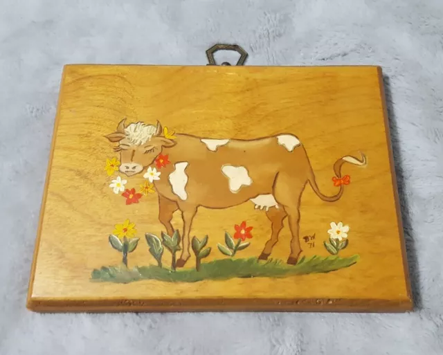 Small Wooden Plaque Hand Painted Picture Cow with Flower Deco Signed BW 1971