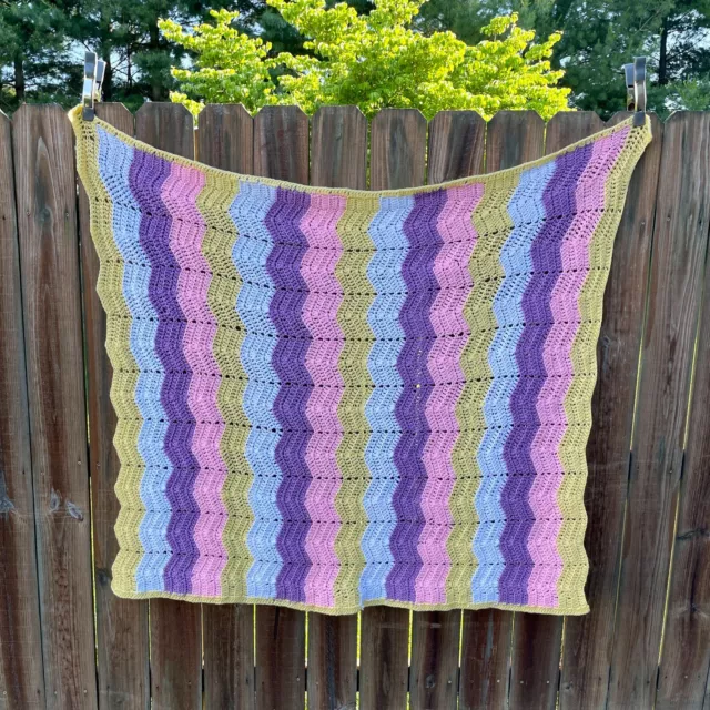 Crocheted Afghan Lap Blanket Throw Baby Quilt Multicolor Purple/Pink/Yellow