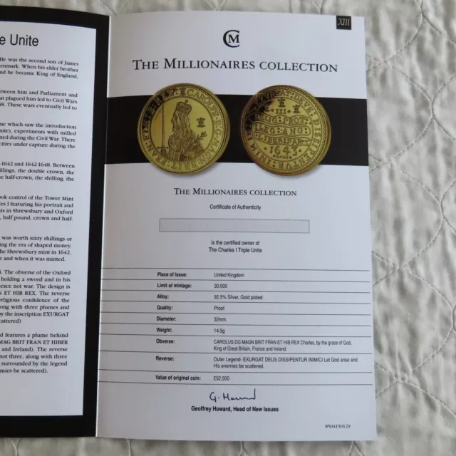 CHARLES I 1643 OXON TRIPLE UNITE MEDAL GOLD PLATED HALLMARKED SILVER PROOF - coa 3