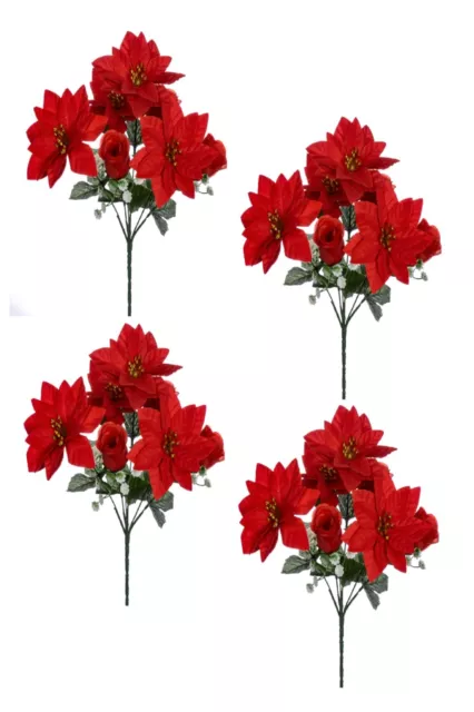 4 BUNCHES 30cm CHRISTMAS POINSETTIA AND ROSEBUD BUSH (7 HEADS) RED