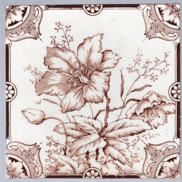 Decorative Art Tile Co - c1880 - Brown Oriental Lily -  Antique Printed Tile