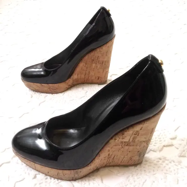 Stuart Weitzman Wege High Heel Pumps Black Patent Leather Cork Platform 7 Women