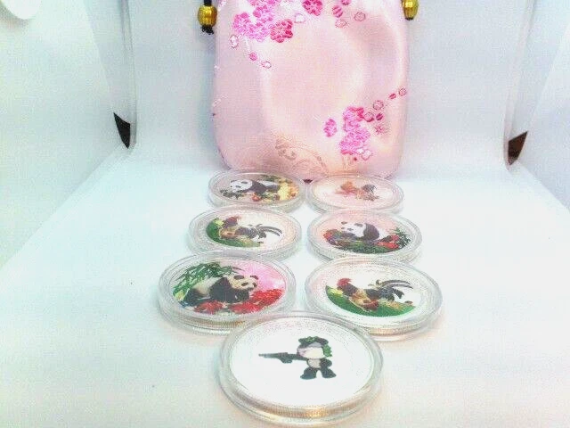 Chinese Lunar Zodiac 7 Coin Lot Beautiful Painted of 3 Panda & 3 Rooster + Bonus