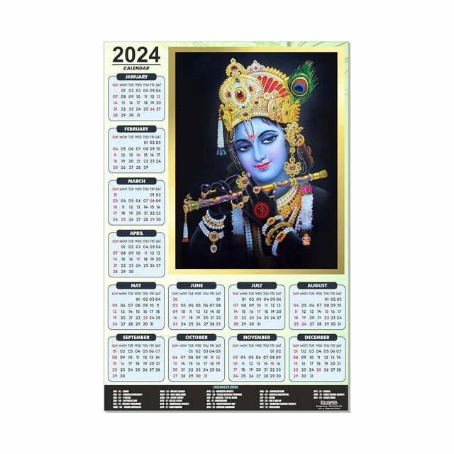 HINDU LORD KRISHNA Wall Monthly Calendar 202412” x 18 Inch 23.39
