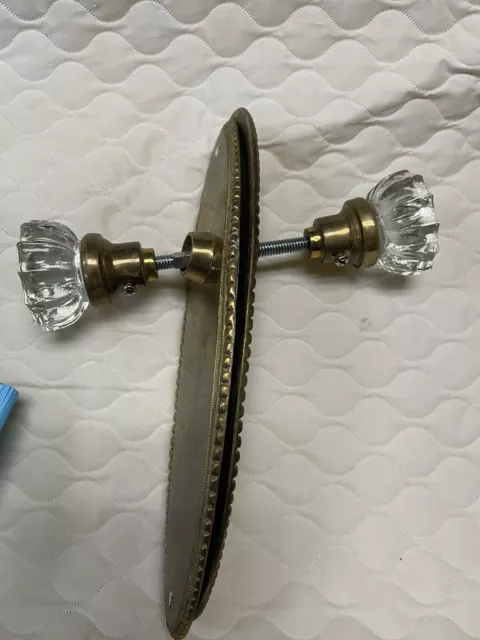 Antique 1930's 12 Point Crystal Glass & Brass Door Knobs Spindle w/Back Plates