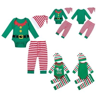 3PCS Baby Boys Girls Christmas Outfit Long Sleeves Romper Striped Pants Hat Set