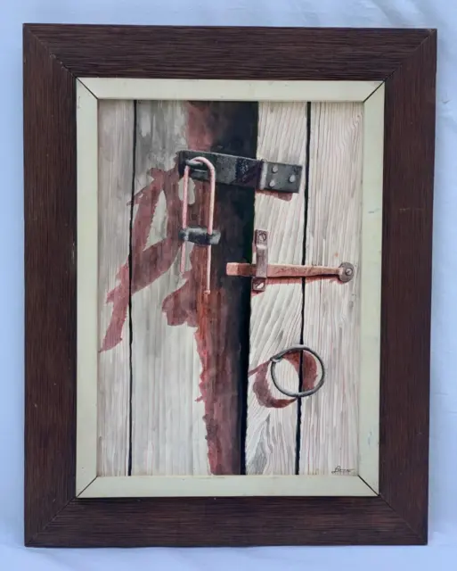 Louis Black Signed Realist Painting Old Barn Door Rusty Iron Locks & Hardware