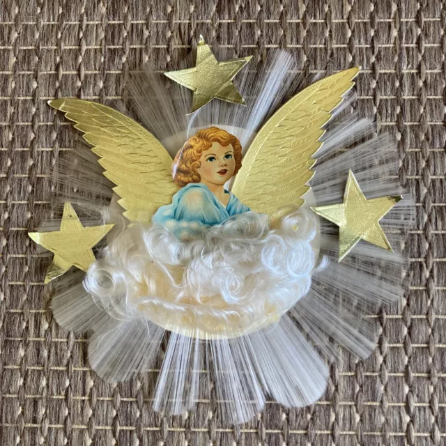 Vintage Christmas Spun Glass Angel Hair Die Cut  Paper Angel Tree Topper READ