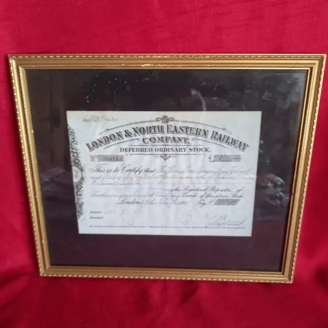 Rare, Framed Lner Company Deferred Ordinary Stock Certificate