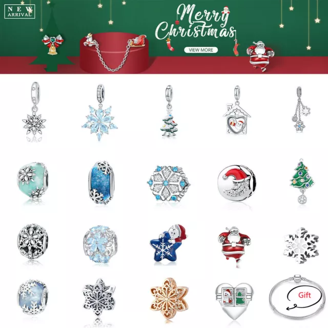 BAMOER European Christmas Charm 925 Sterling Silver DIY Beads With Bracelet Gift