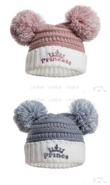 Baby Double Pom Pom Hat Princess Prince Embroidery Dusty Pink Blue NB-6-12M ~abg