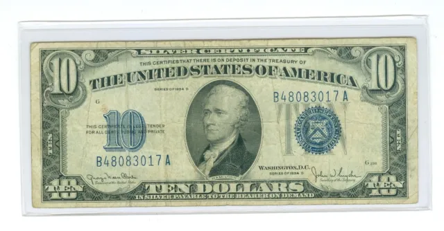 1934-D $10 United States Silver Certificate Blue Seal RARE NARROW BACK TYPE