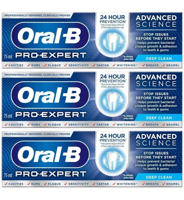 3 pastas dentales limpias profundas Oral-B Pro-Expert Advanced Science triple acción 75 ml