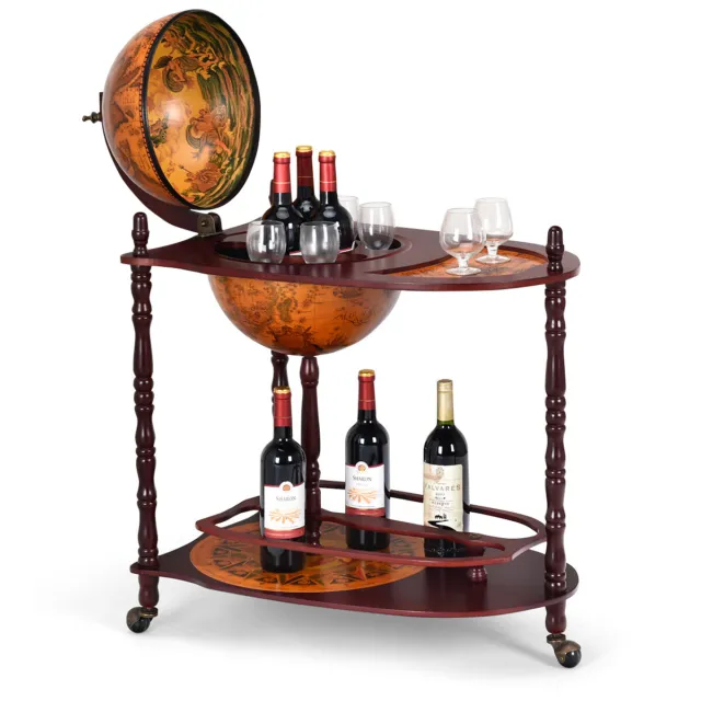 Wine Bar Stand 39" High 16th Century Italian Rack Liquor Bottle Shelf Wood Globe