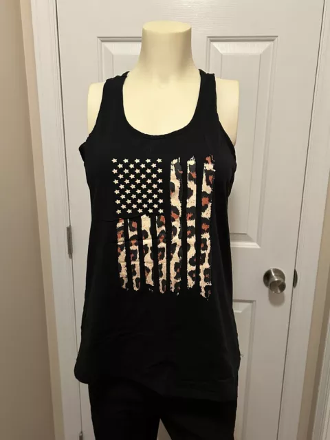 American Flag Tank Top Women Patriotic Shirt Flag Stars Stripes Leopard- Large