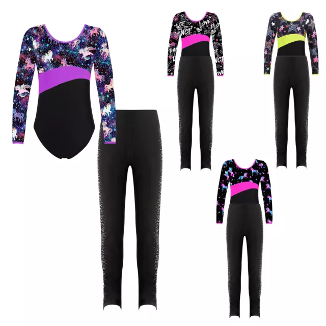 Kids Girls Ballet Rhinestones Gymnastics Fitness Dancewear Set Costume Bodysuit