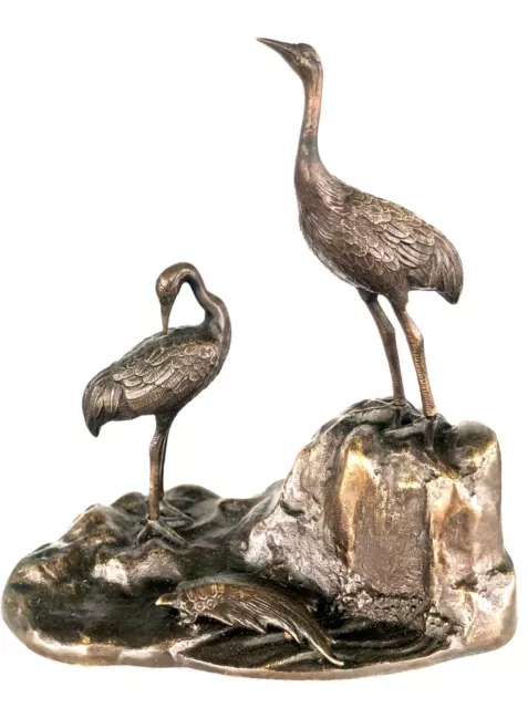 Meiji Bronze Pair Crane Turtle tortoise statue sculpture antique Okimono large
