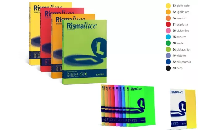 Risma 50 Cartoncini A4 Gr. 200 Favini Rismaluce Colori Forti Laser Ink Jet