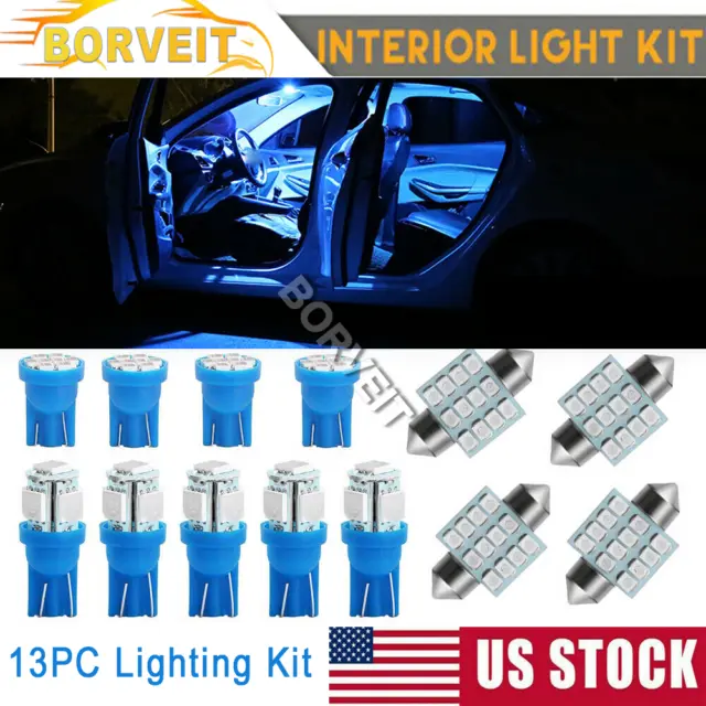 13PCS LED Light Interior Package Bulb Kit Blue for Dome License Plate Lamps
