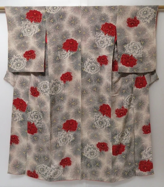 2008T09z800 Antique Japanese Kimono Silk KOMON Chrysanthemum Off-white