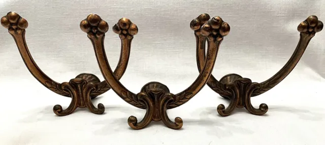 3 Antique Hall Tree Hat Rack Coat Hooks Cast Iron Double Hooks Bronze Victorian 9