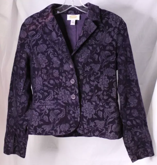 Talbots Floral Burnout Velvet Cropped Blazer Women's Petite 6 Long Sleeve Purple