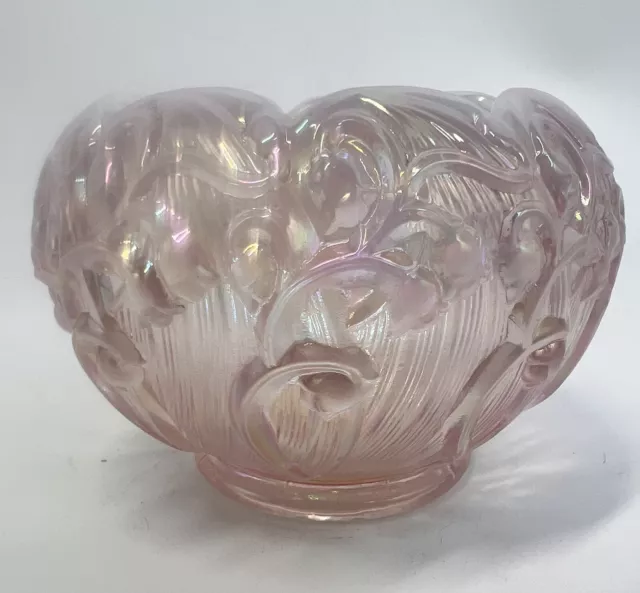 Fenton Pink Champaign Rose Iridescent Carnival Glass Candleholder Rose Bowl Vase