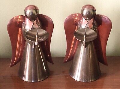 Vintage Winged Angel Candle Stick Holder Copper & Brass Art of 2 Pair Christmas