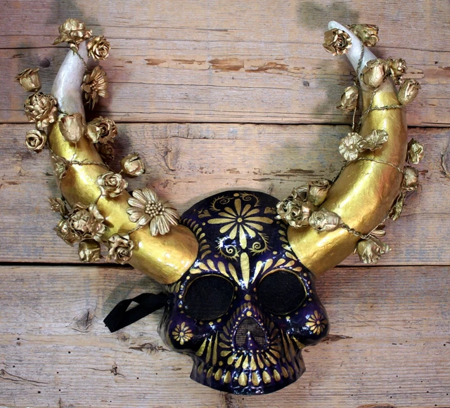 Day of the Dead Demon Skull Mask Flowers Papier Mache Handmade Mexican Folk Art