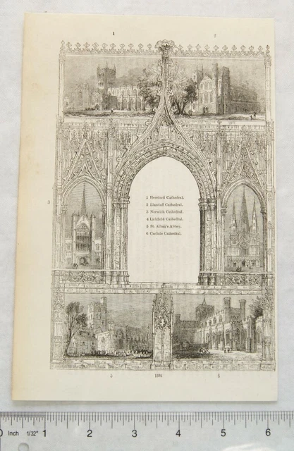 1860s engraving - cathedrals Hereford, Llandaff, Norwich, Lichfield, Carlisle, &