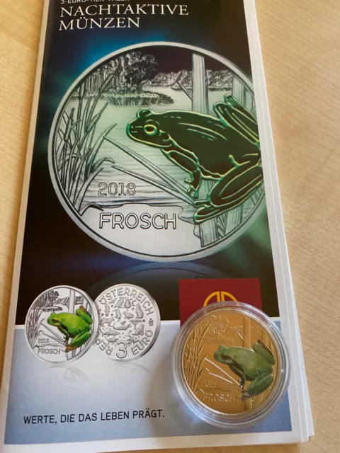 3 Euro Österreich Tiertaler nachtleuchtend Frosch in Kapsel mit Flyer