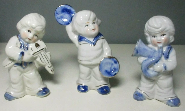 SET/3 Vintage Blue & White PORCELAIN FIGURINES ~ CHILDREN w/MUSICAL INSTRUMENTS