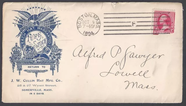 US 1894 JW CULLIN HAT MNG 19th CENTURY ADVERTISING COVER BOSTON TO LOWELL MASS