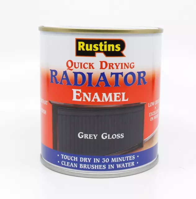 Rustins Quick Drying Radiator Paint, White/Black/Grey, Gloss/Satin, 250/500ml/1L 3