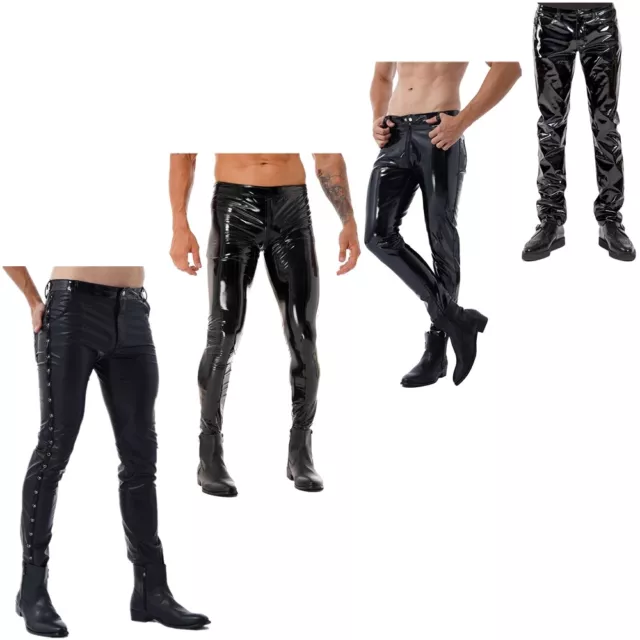 Legging Homme Skinny Pantalon Similicuir Brillant Zippé Pantalons Décontractés
