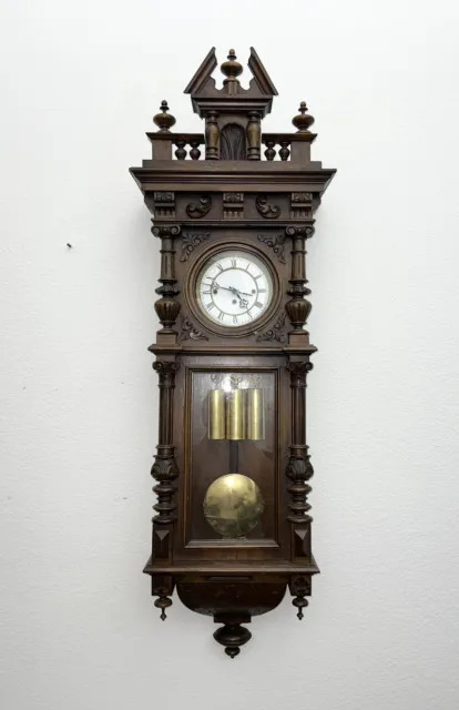 Large Antique 3 Weight Grande Sonnerie Vienna Regulator Wall Clock Circa 1880s