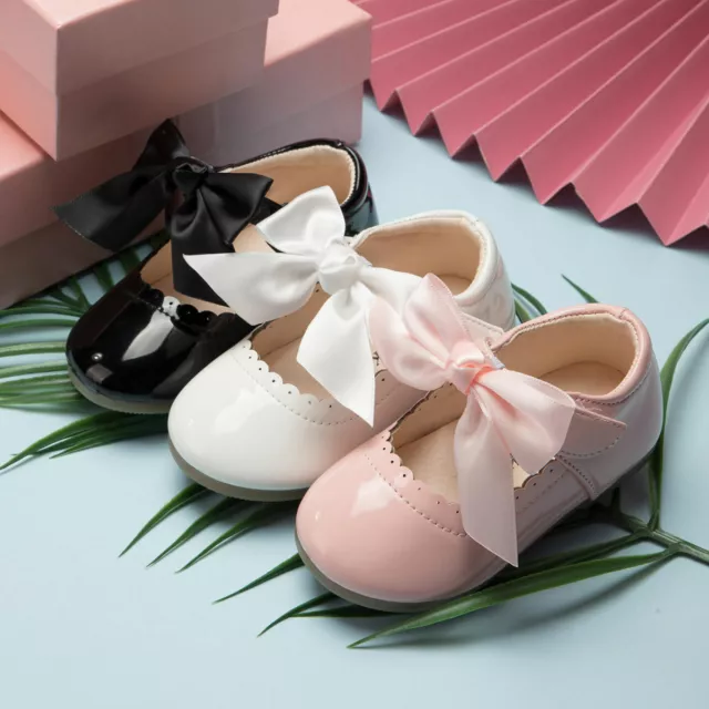 Toddler Girls Spanish Bow Shoes Mary Jane Shiny Wedding Patent Flat Shoes Gifts