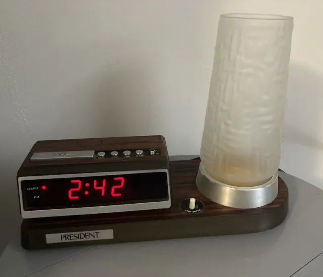 President Twilight, LCD Alarm Clock and Lamp, Teak Wood Effect Mid Century Retro