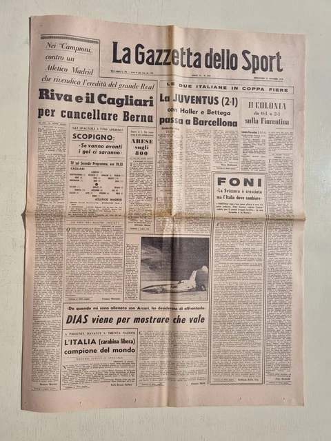 Gazzetta Dello Sport 21 Octobre 1970 – Barcelone-Juventus 1-2 Et Cagliari De Riva