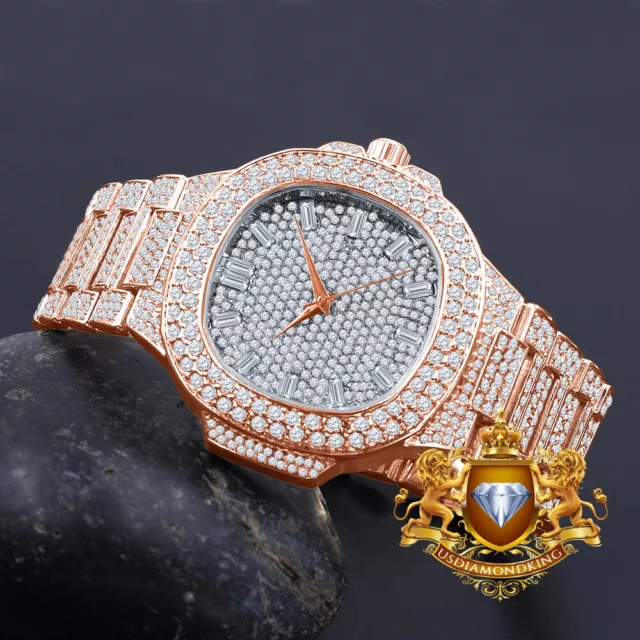 Mens Rose Gold Finish Simulated Diamond Solid Steel Back 43mm Metal Band Watch