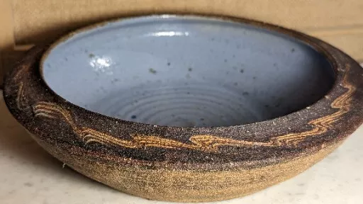 Earthstone Vintage 70’s Studio Pottery Bowl Etched Sandstone Blue Glaze Coil