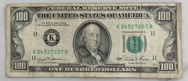 $100 ONE HUNDRED DOLLAR BILL - Old / Vintage 1981 - K District - Only 23.6 mil