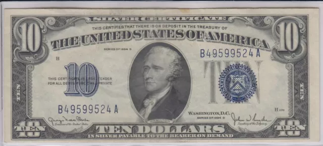 1934-D $10 US Silver Certificate Blue Seal RARE NARROW BACK TYPE High Grade!