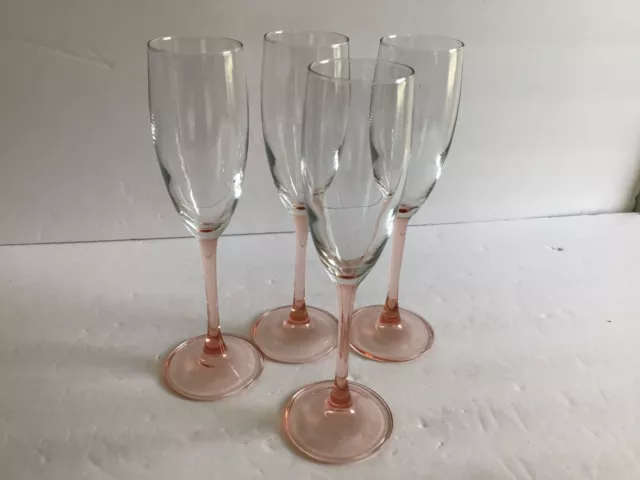 Vintage Luminarc Pink Rose Stem Champagne Flutes France Set of 4